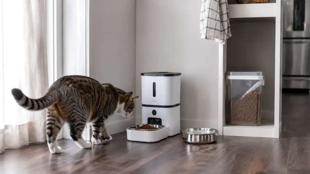 A cat approaching a generic automatic dry-food feeder beside a separate water bowl