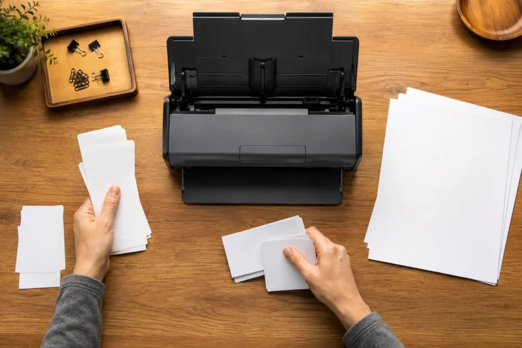 Hands sorting blank receipts, cards, and letter-size sheets beside a generic document scanner