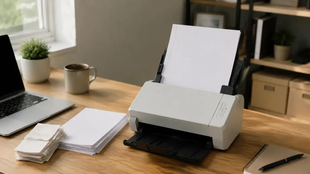 A generic compact sheet-fed scanner beside sorted blank papers on a home-office desk