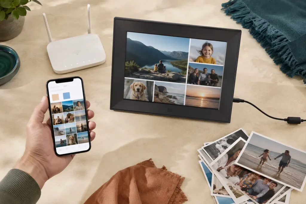 A phone photo library beside a generic digital frame, Wi-Fi router, power cord, and printed photographs