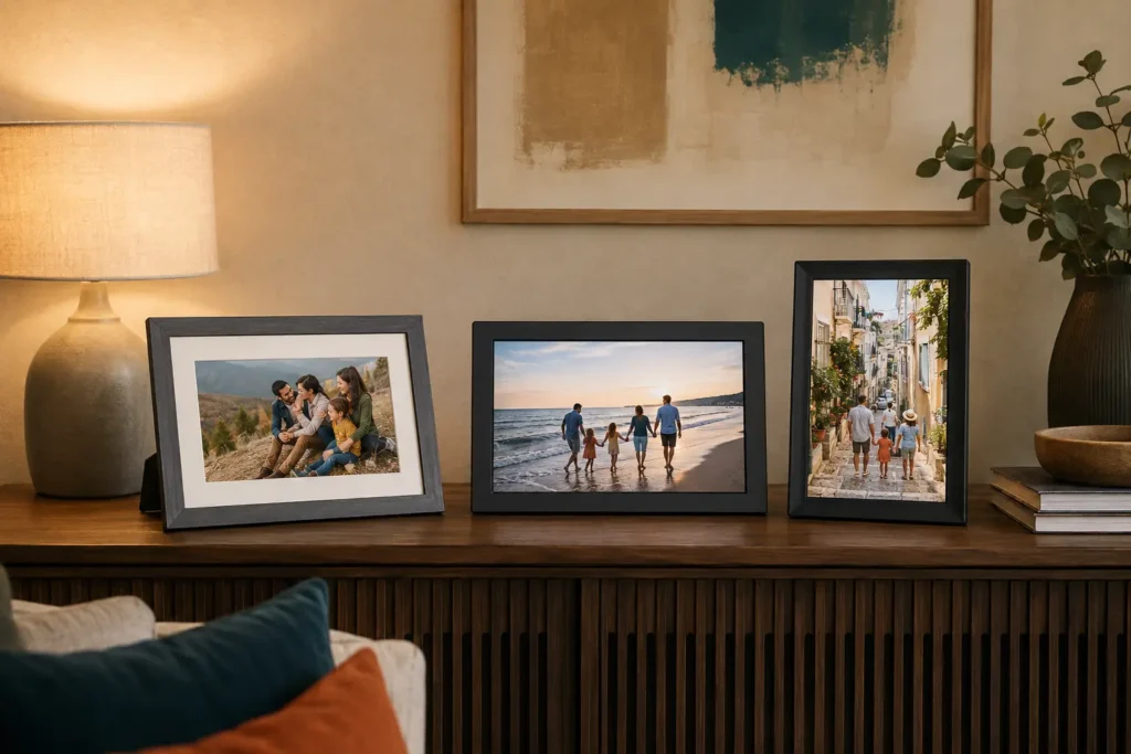 Three generic digital photo frames in landscape and portrait arrangements on a living room console
