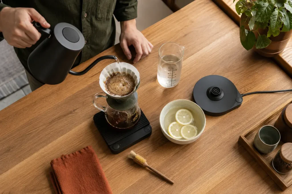 A generic gooseneck kettle pouring over coffee beside a cooled kettle, soft cloth, and descaling supplies