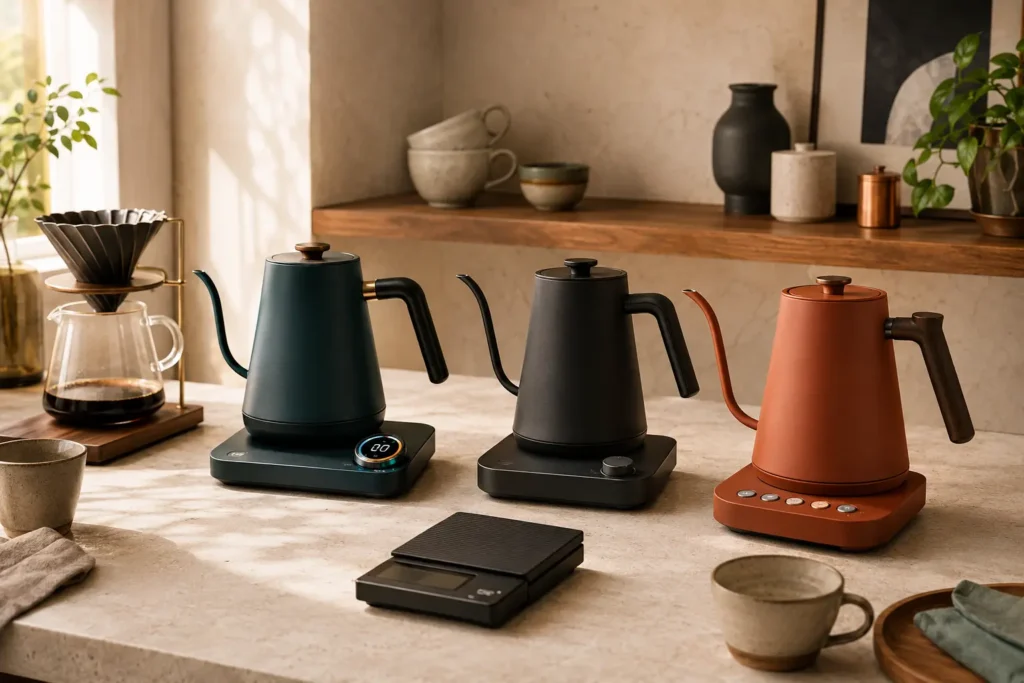 Three generic electric gooseneck kettles beside a pour-over coffee brewer, scale, filters, and cups