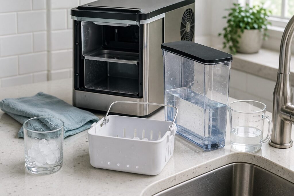 A kitchen counter scene illustrating the space, refill, and cleaning decisions behind choosing a nugget ice maker