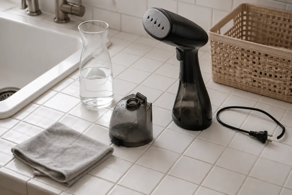 An unplugged generic garment steamer and removable water tank resting upright on a clear counter