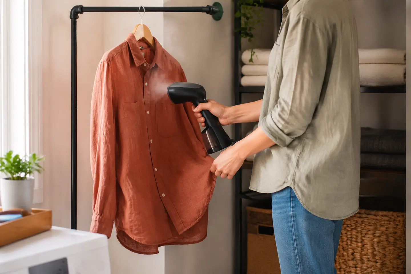 A person using a generic handheld steamer on a hanging shirt with the other hand clear of the steam path