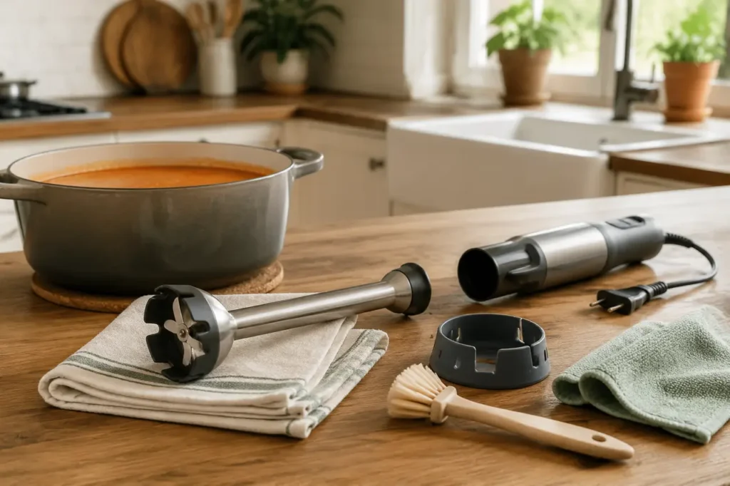 Unplugged generic immersion blender with detached shaft, soft brush, cloth, and soup pot