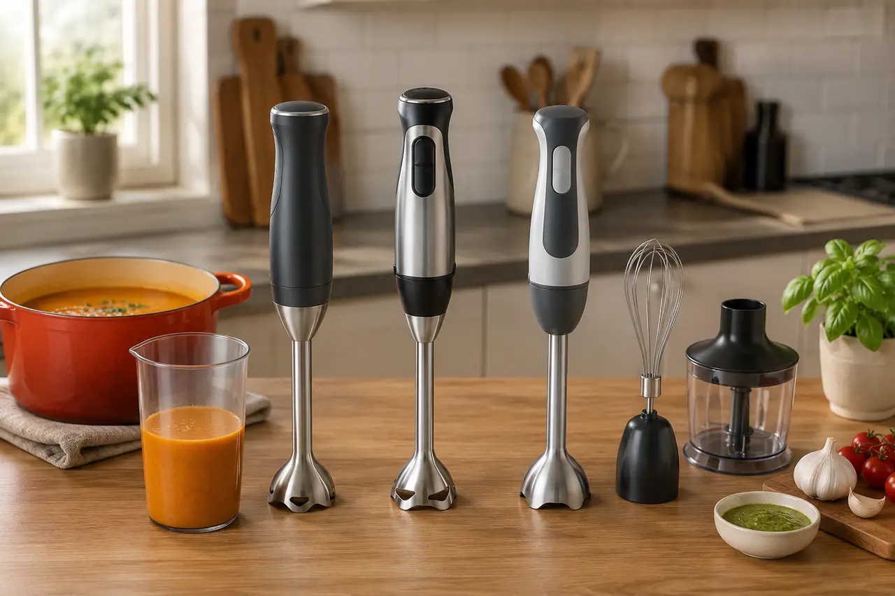 Three generic immersion blenders beside soup, sauce, a whisk, and a small chopper