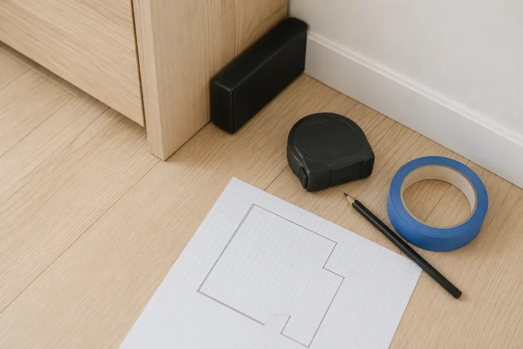 A generic laser measuring tool set against a room corner beside a blank floor plan and closed tape measure