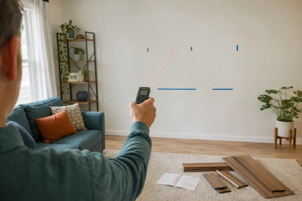 A homeowner safely aiming a generic laser measuring tool at an empty interior wall