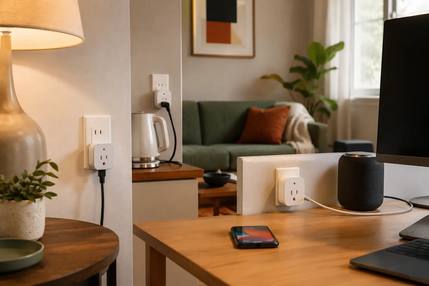 Generic smart plug devices used with lamps and small appliances in a home office and living room