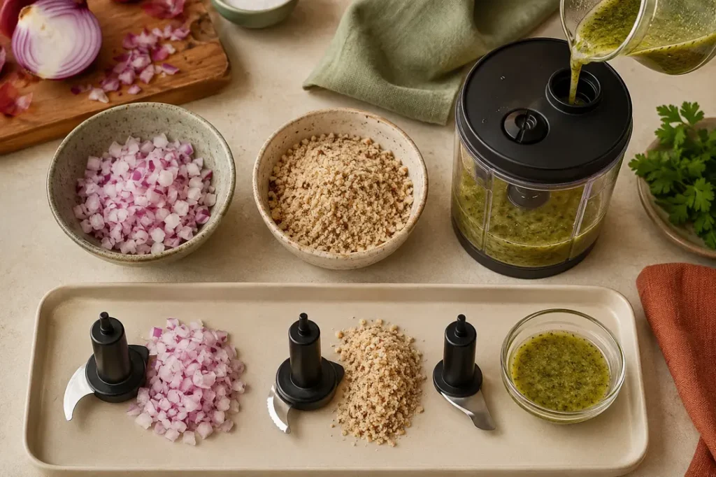 Chopped onion, ground nuts, and green sauce beside generic chopper blades and a compact processor