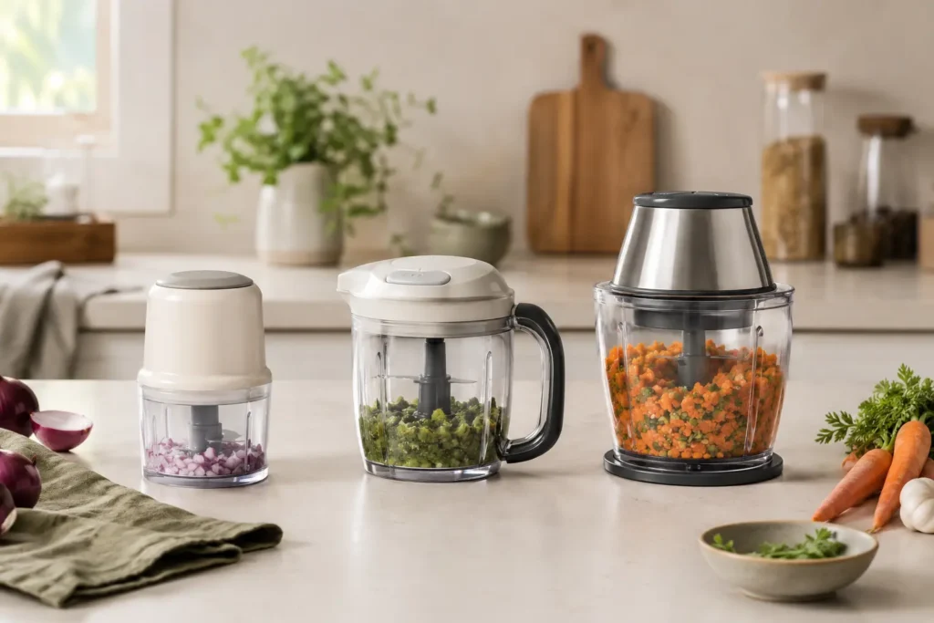 Three generic mini food processors with different bowl sizes on a kitchen counter