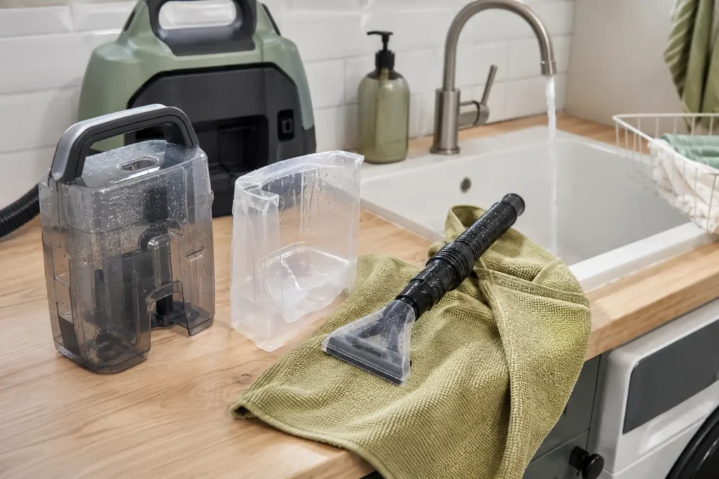 Generic removable cleaner tanks and an extraction hose tool drying beside a utility sink