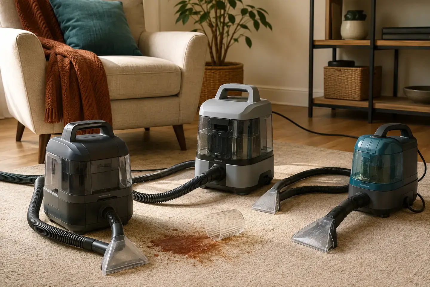 Three generic portable extraction cleaners with hoses arranged near a small rug spill