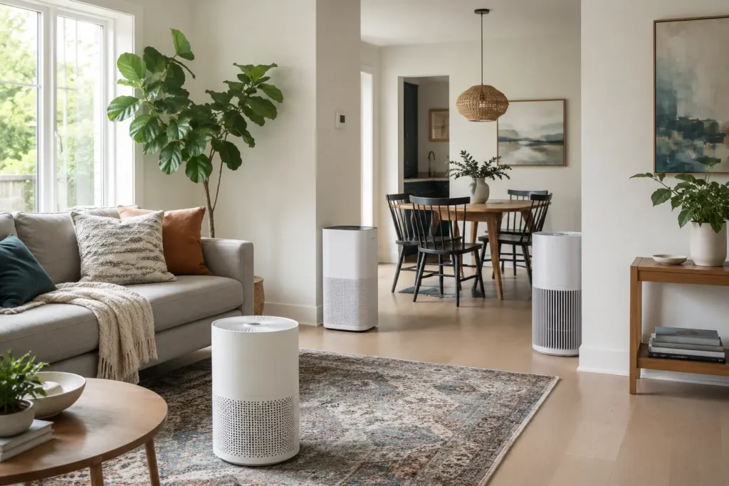 Three generic air-cleaning appliances placed across a connected living and dining room