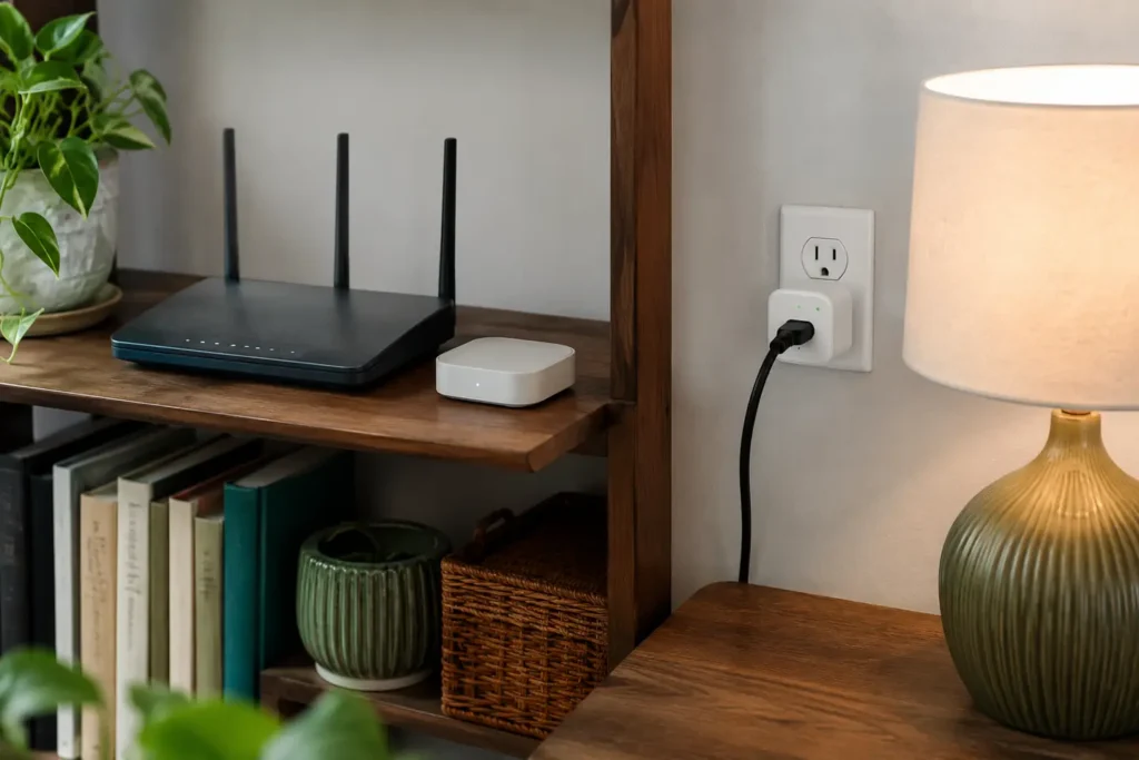 A generic router and home hub near a wall plug controlling a table lamp