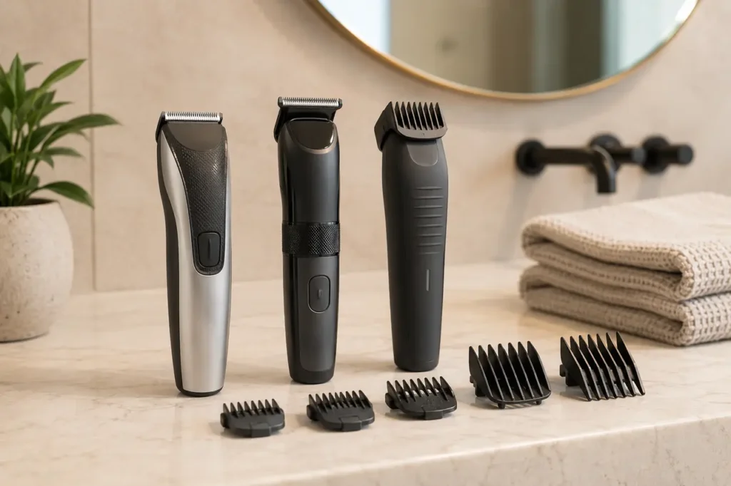 Three generic beard trimmers with short, medium, and long comb guards on a bathroom counter