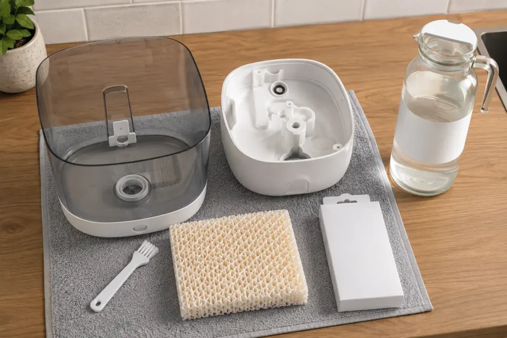 Generic humidifier tank and base separated on a towel beside a wick, small brush, and fresh water