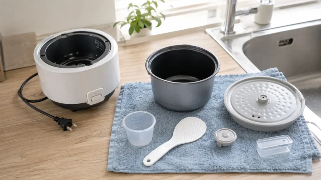 Unplugged generic rice cooker beside a dry inner pot, inner lid, vent, condensation collector, rice cup, and paddle