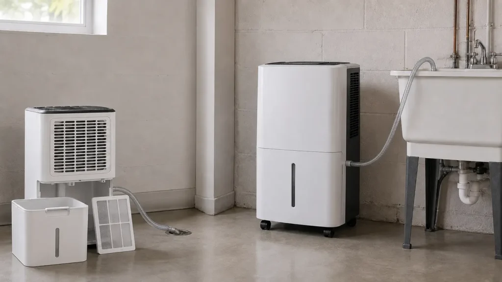 Two generic dehumidifier setups with a removable bucket and filter, descending floor-drain hose, and separate pump tube to a sink