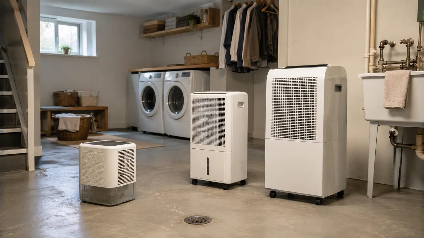 Three generic portable dehumidifiers in cube, narrow conventional, and tall high-capacity forms in a basement laundry area