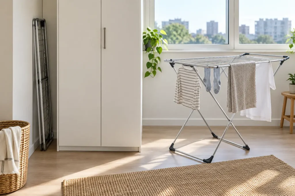 A generic rack stored folded beside a cabinet and another open rack holding widely spaced lightweight garments