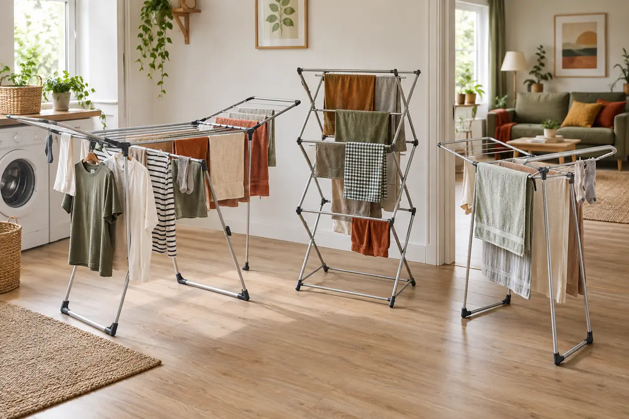 Three generic folding clothes racks in wide winged, tall accordion, and slim winged layouts inside a bright apartment