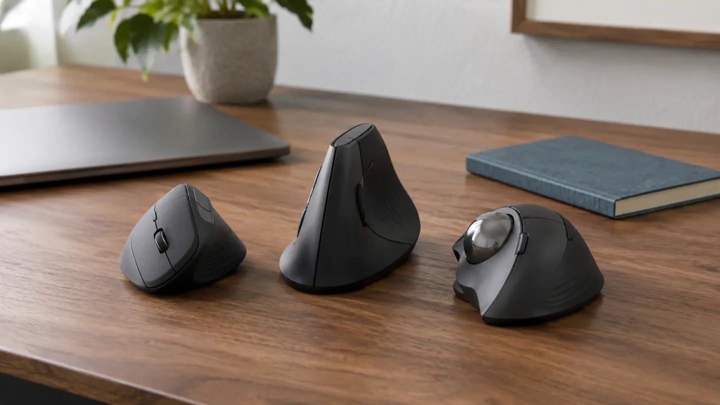 Generic compact vertical mouse, tall vertical mouse, and thumb trackball arranged on a home-office desk