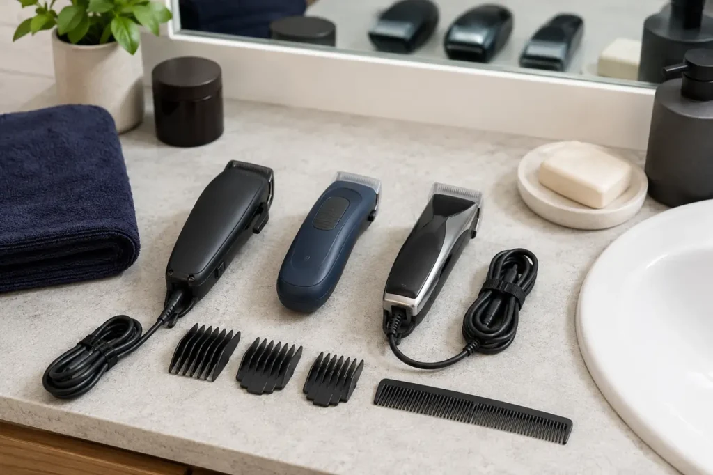 Three generic compact, palm-shaped, and traditional hair clippers with plain guide combs on a dry counter