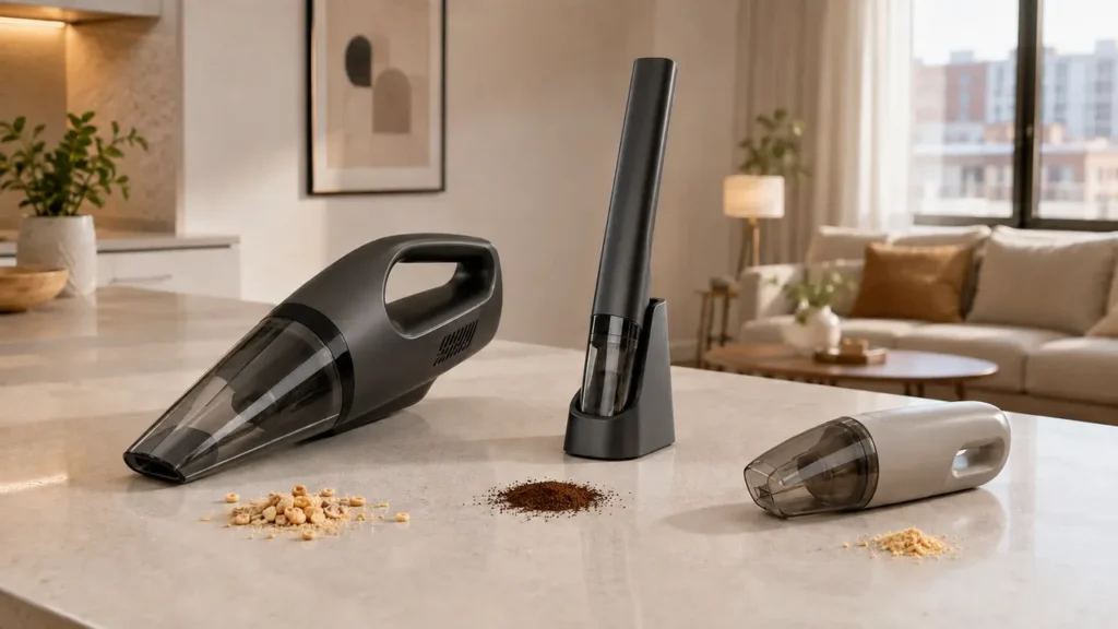 Three generic cordless handheld vacuums in large, slim docked, and compact forms beside small dry household spills