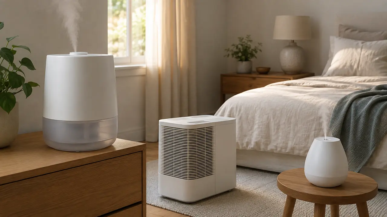 Three generic bedroom humidifiers showing large ultrasonic, evaporative, and compact ultrasonic forms