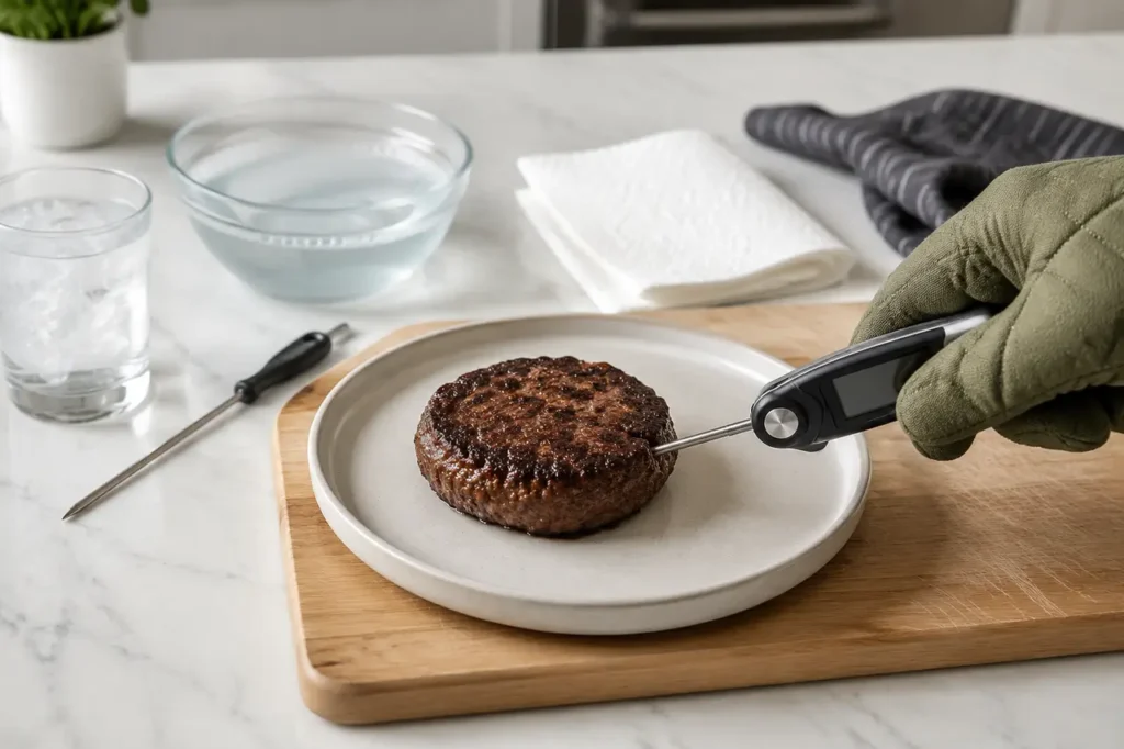 Oven-mitted hand holding a generic thermometer with the probe entering the side center of a cooked burger