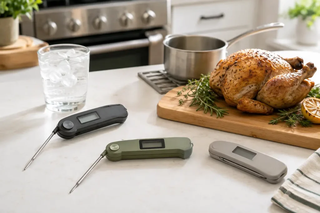 Three generic folding cooking thermometers beside cooked poultry, a saucepan, and a glass of ice water