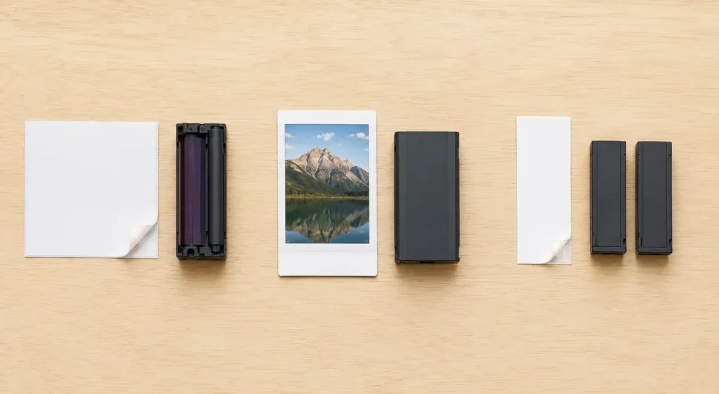 Generic square sticker media, bordered instant film, and narrow sticker media beside separate cartridges