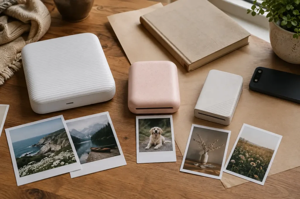 Three generic pocket photo printers beside square, bordered, and narrow photo prints on a craft table