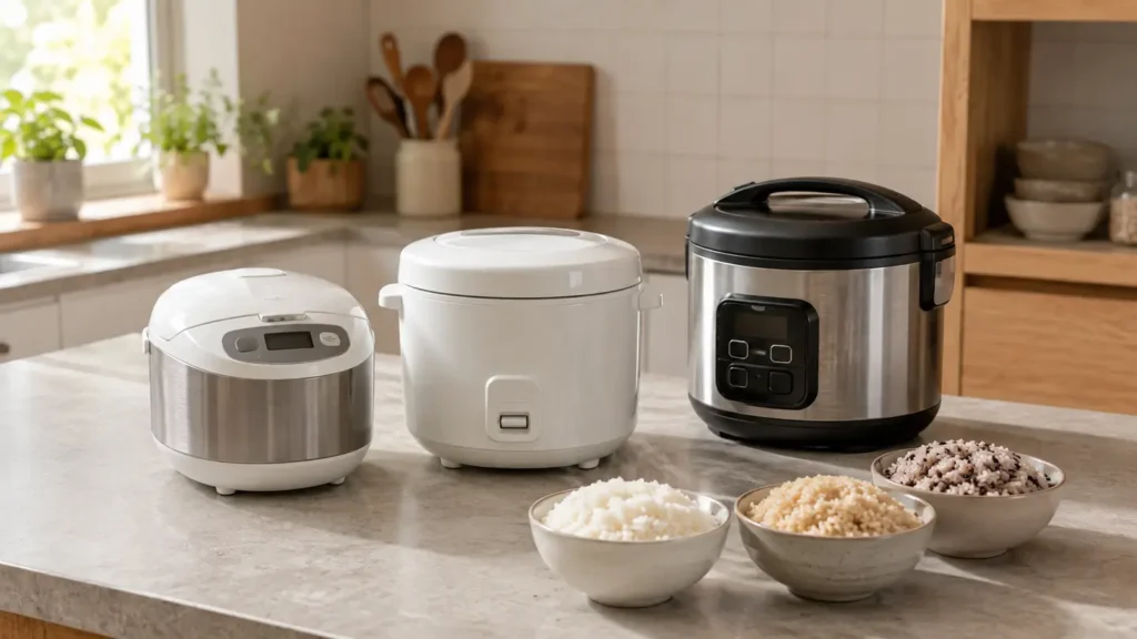 Three generic compact rice cookers with bowls of white, brown, and mixed-grain rice on a small kitchen counter