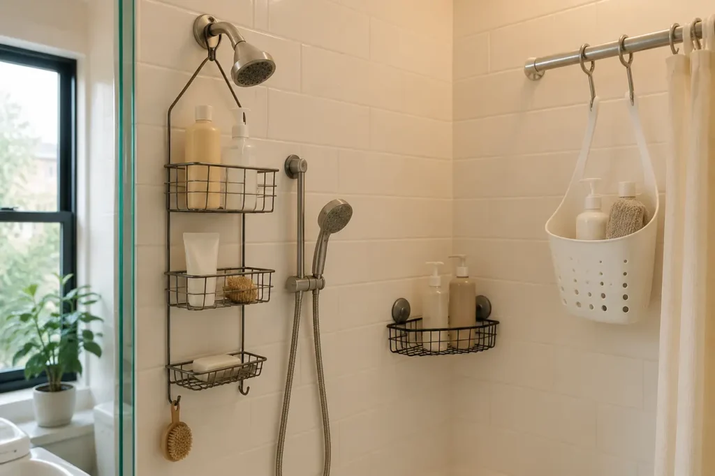 Generic hanging, corner-suction, and flexible shower caddies arranged in a compact tiled shower