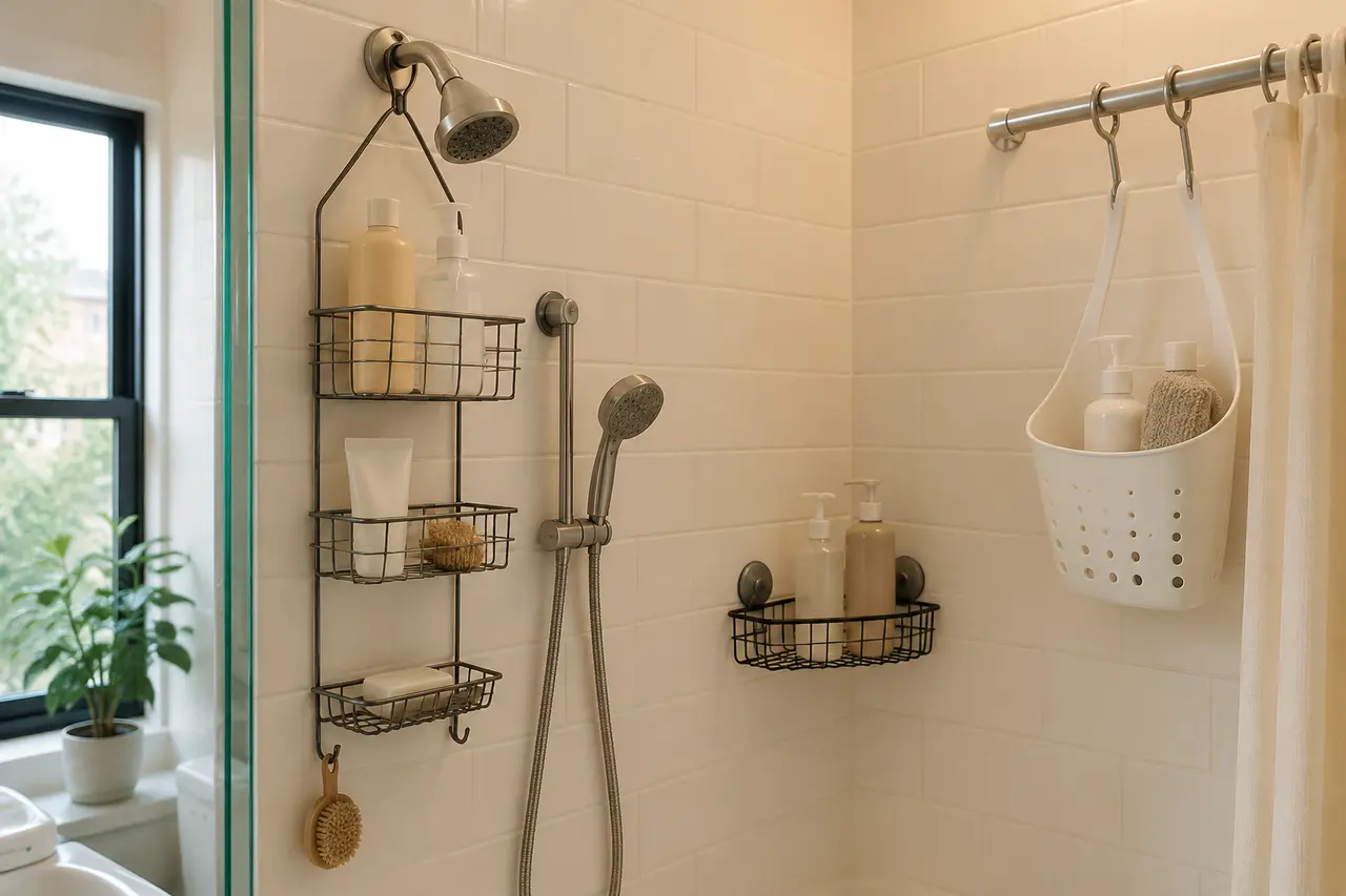 Generic hanging, corner-suction, and flexible shower caddies arranged in a compact tiled shower