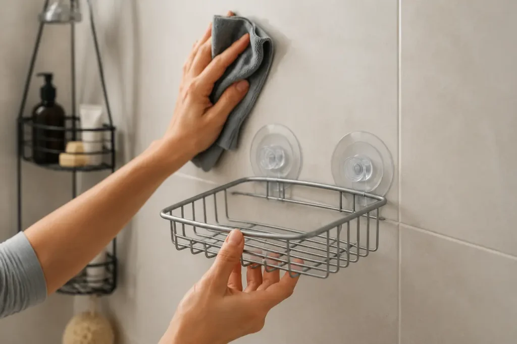 Hands cleaning smooth shower tile beside a generic suction basket positioned away from grout lines