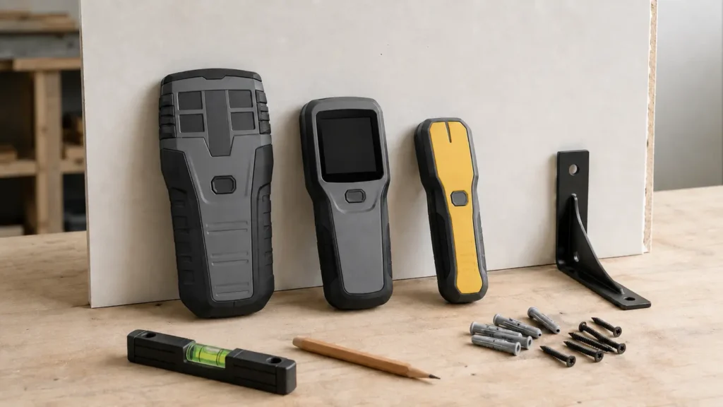 Three generic electronic stud finders in wide array, screen-based multi-mode, and slim center-finding forms