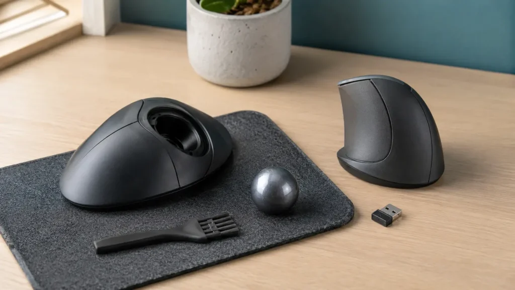 Generic powered-off thumb trackball with its ball removed beside a soft brush, vertical mouse, and USB receiver