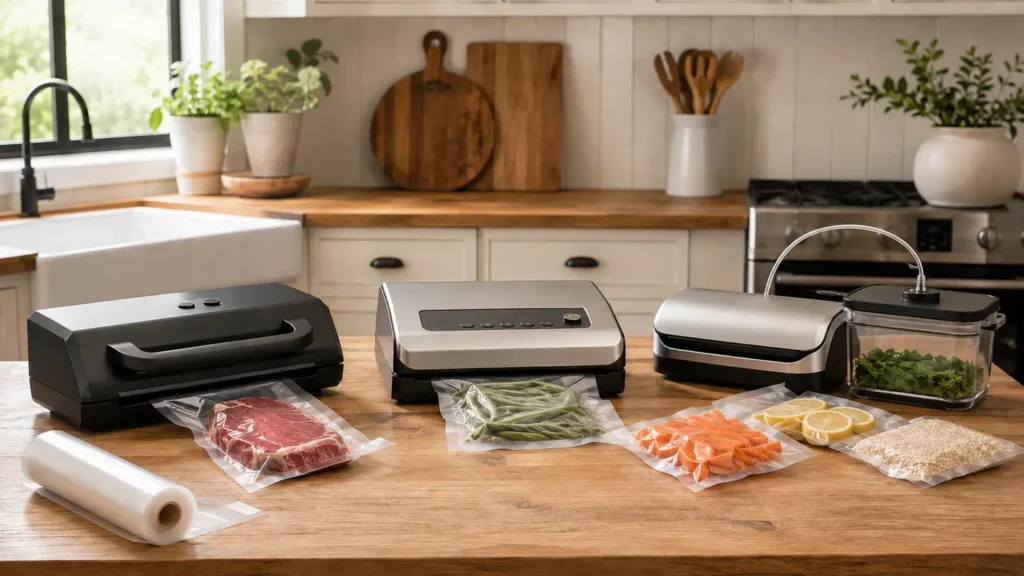 Three generic external-suction vacuum sealers beside textured bag rolls, freezer portions, and a reusable vacuum container