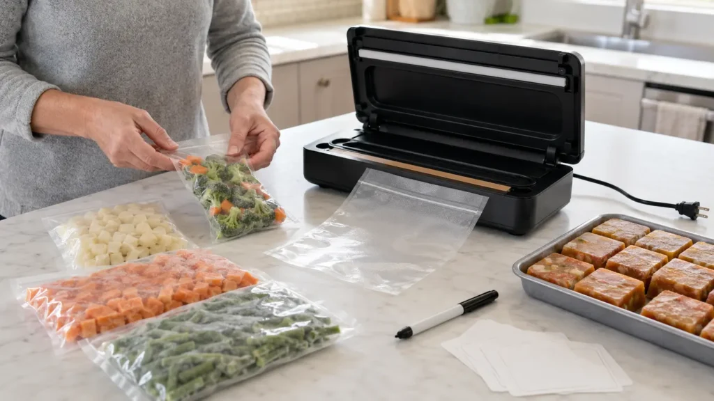 Generic unplugged vacuum sealer with dry bag mouths, frozen food portions, blank labels, and pre-frozen soup cubes