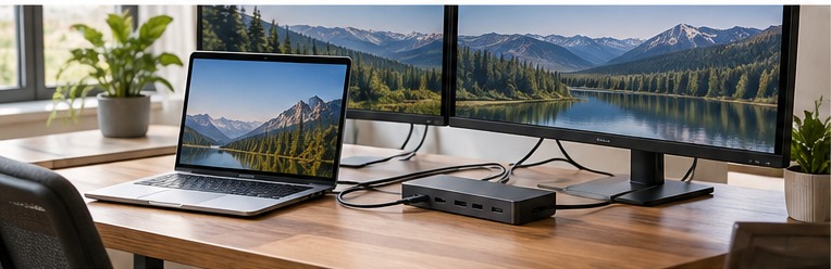Contextual generic laptop dock connecting a laptop to multiple monitors on a home-office desk.