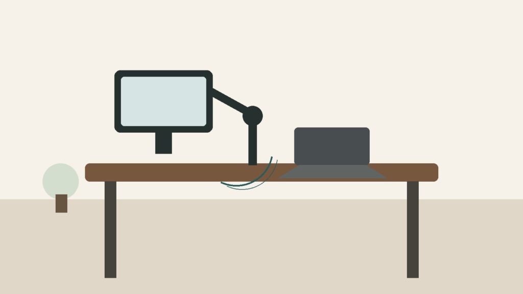 Generic floating monitor on an adjustable desk arm above a home-office desk.