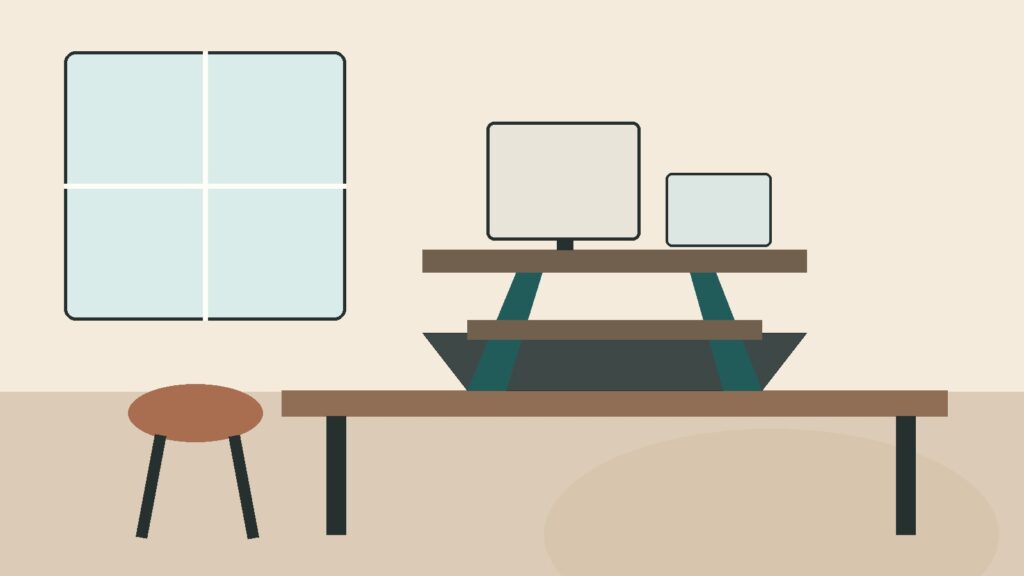 Generic sit-stand desk converter raised on an existing home-office desk with a monitor and laptop.