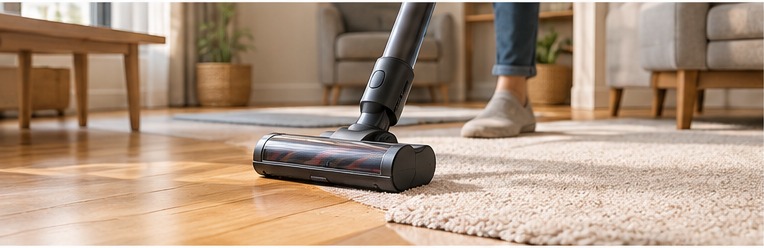 Contextual generic cordless stick vacuum moving from hard flooring onto a rug in a compact living room.