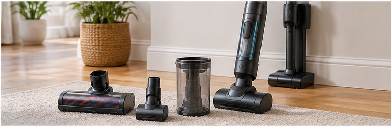 Generic cordless stick vacuum moving from hard flooring onto a rug in a compact living room.