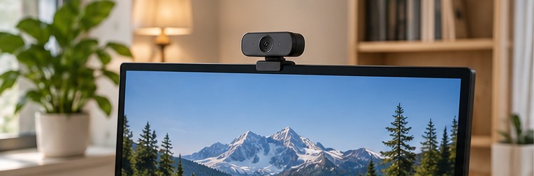 Contextual generic webcam mounted on a monitor in a warm home-office setting.